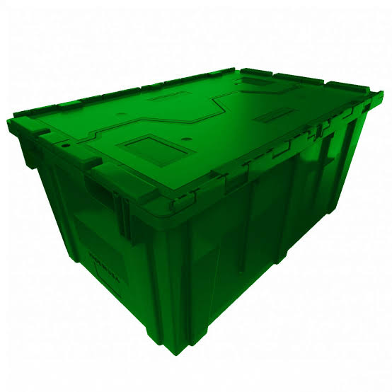Green heavy-duty XL attached-lid rental moving tote with dimensions 27 inches length, 17 inches width, 12 inches height